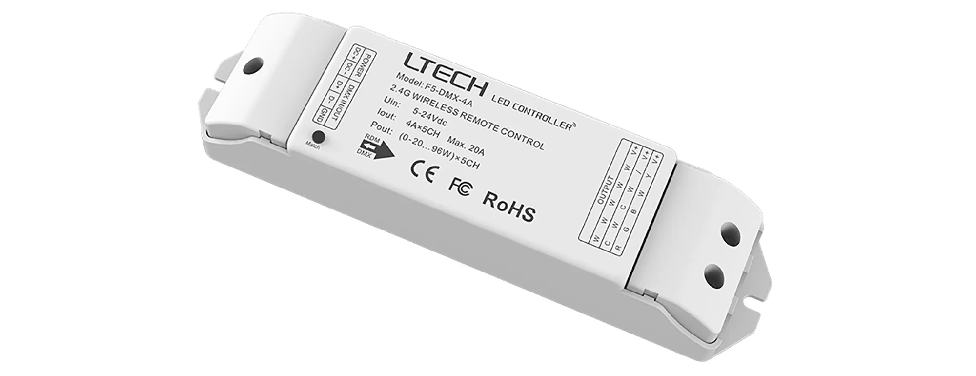 F5-DMX-4A  CV RF 2.4GHz/DMX Wireless/Wired Receiver 5/12/24V DC, 20A max. 5A × 4CH, 0-100 Dimming level, IP20.